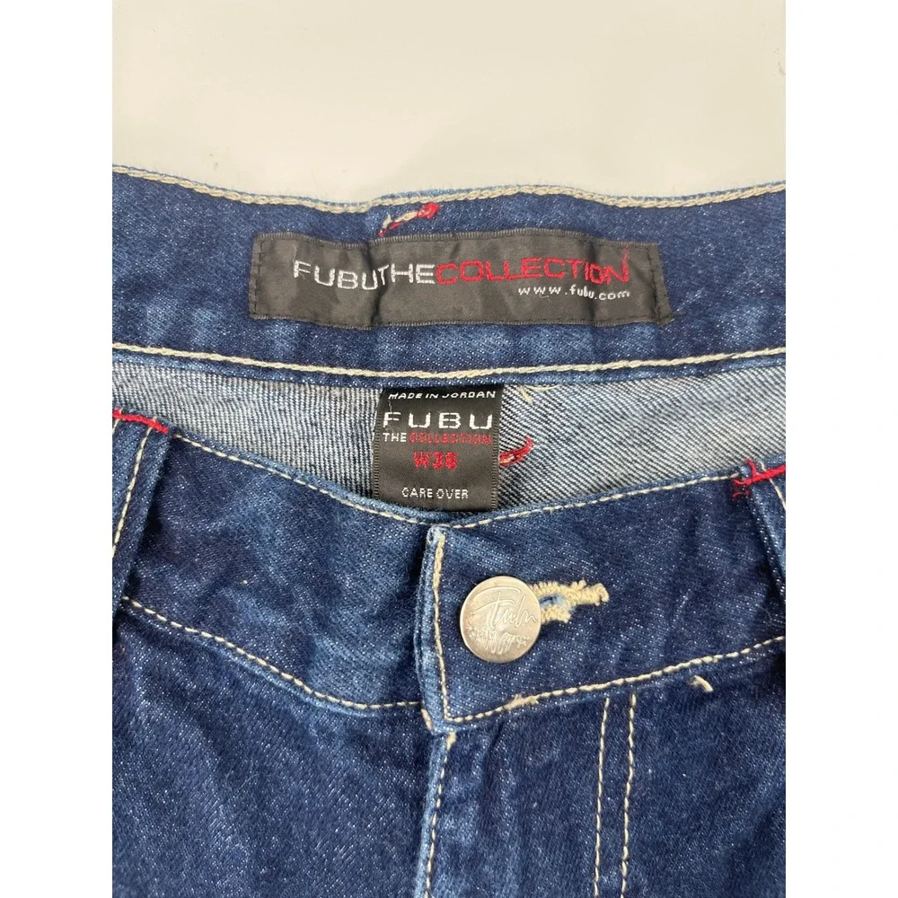 Vintage FUBU The Collection Baggy Denim Shorts Blue Red Stitching Mens 36 HipHop
